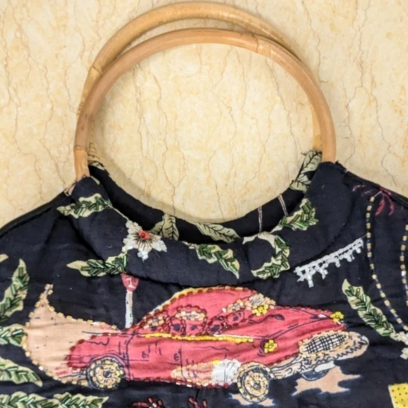 Vintage Hand Beaded Retro Cars Fringe Black Purse Boho Tote Bamboo Handle - Picture 13 of 13